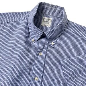 Brooks Brothers Men Sport Shirt L Blue Micro Check Plaid Cotton Short Sleeve